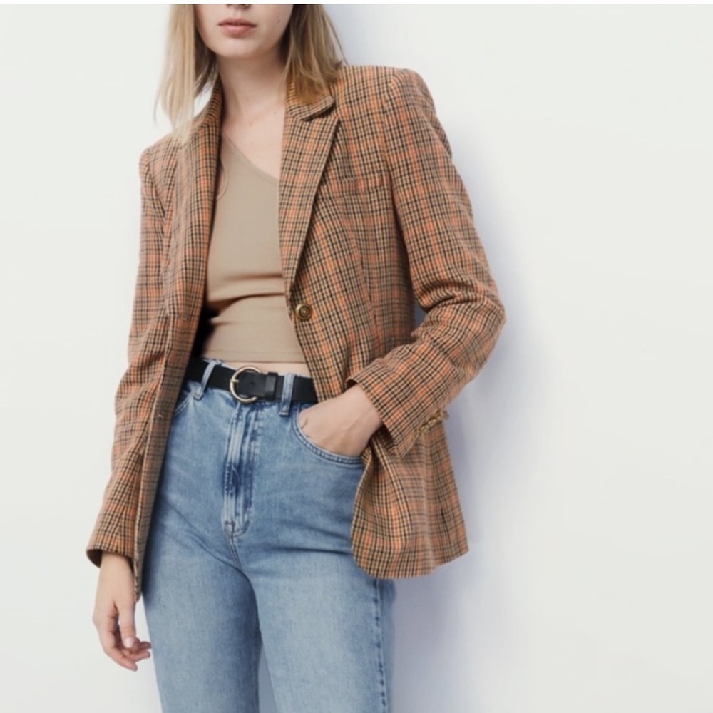 Zara Plaid Tailored Blazer in Brown